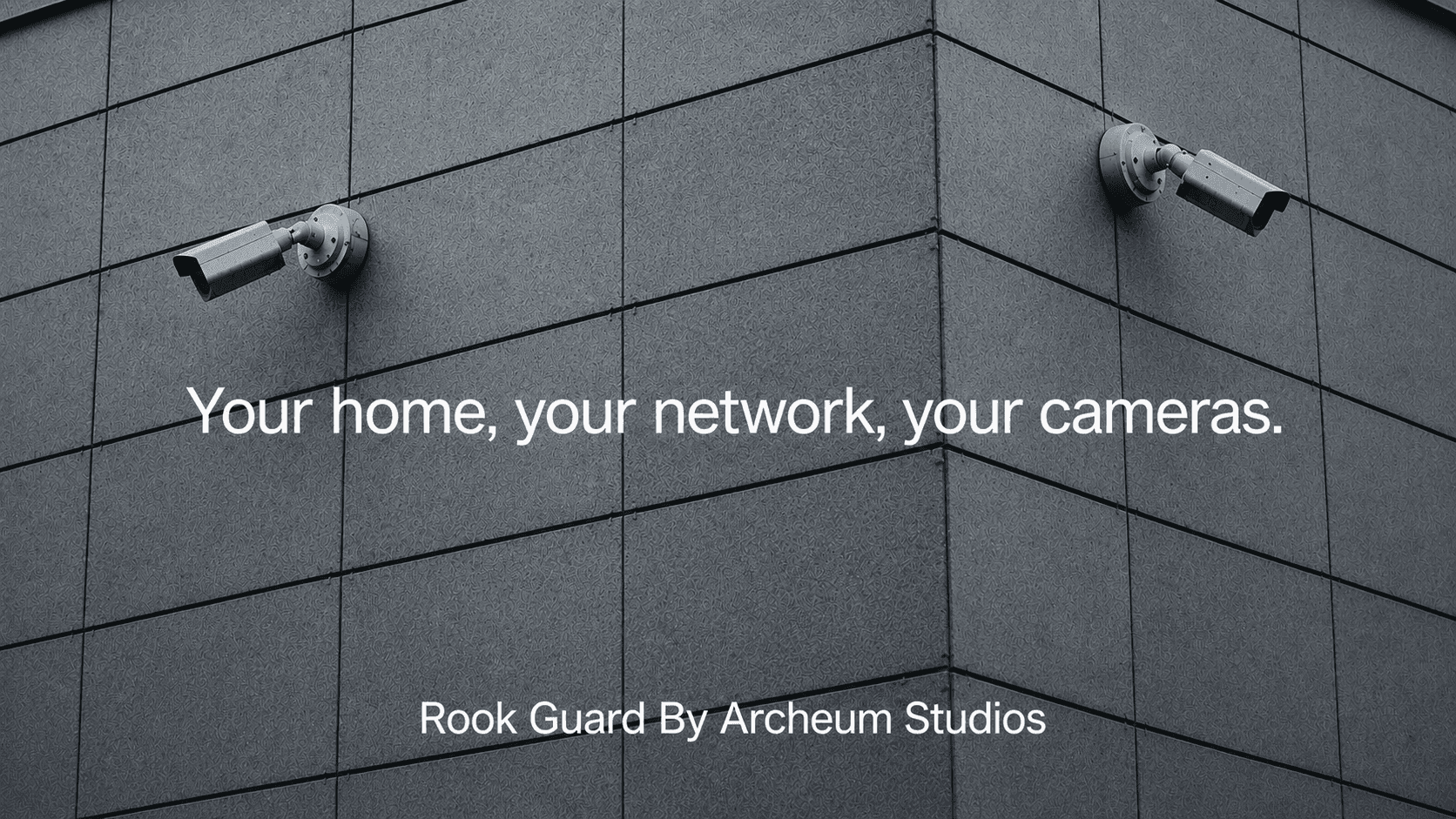 Rook Guard security cameras on a gray wall corner with privacy-first product text.